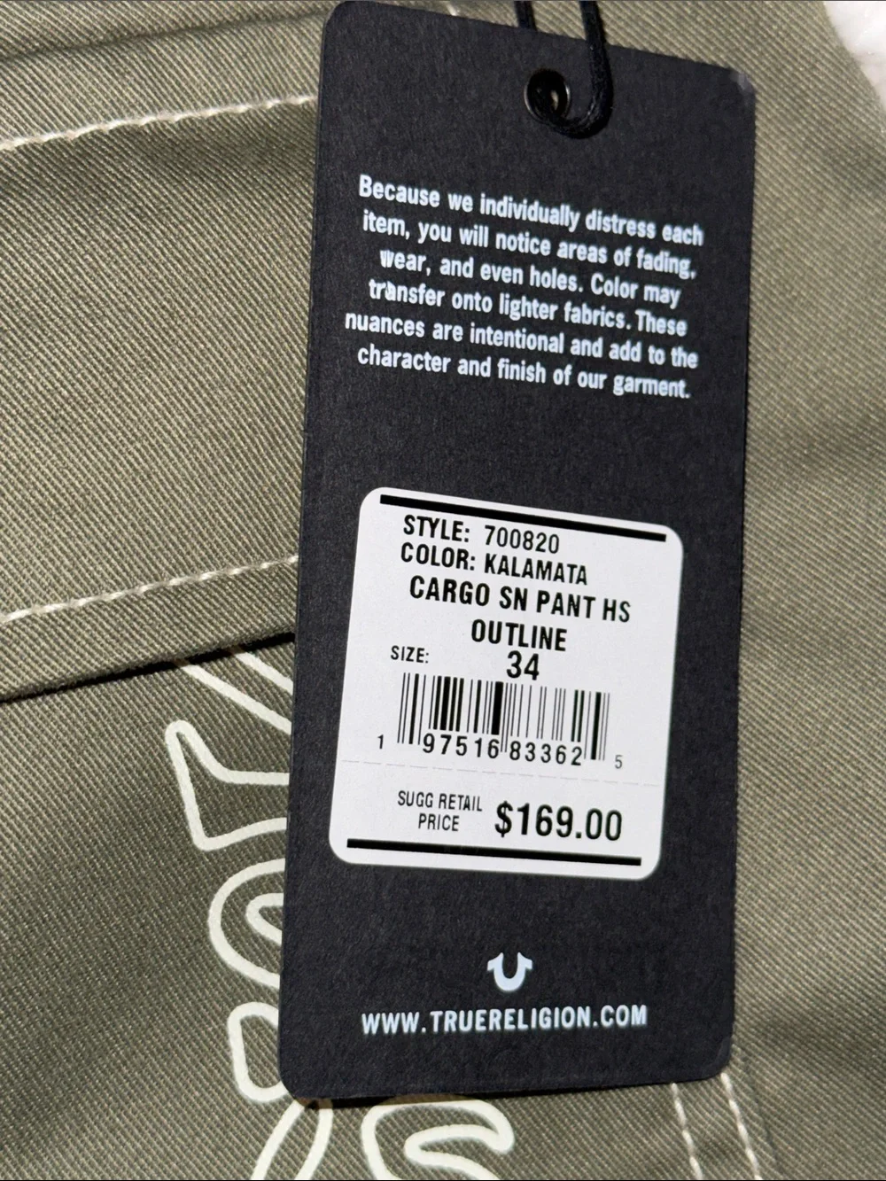 Men's True Religion Olive Green Cargo Pants 34